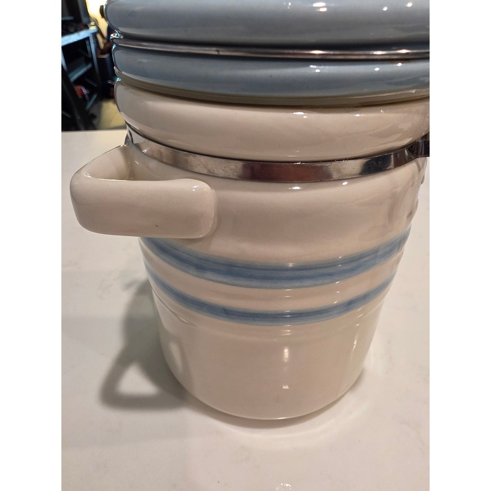 Key Lime Lexi Ceramic Striped Kitchen Canister Blue Cream Airtight Latch Jar